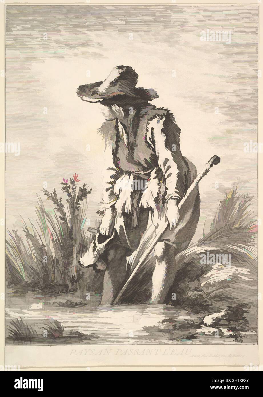 Art inspired by Peasant Crossing Water, 1786, Etching and engraving, sheet: 9 1/2 x 6 11/16 in. (24.2 x 17 cm), Prints, William Wynne Ryland (British, baptized London 1732–1783 London), After François Boucher (French, Paris 1703–1770 Paris, Classic works modernized by Artotop with a splash of modernity. Shapes, color and value, eye-catching visual impact on art. Emotions through freedom of artworks in a contemporary way. A timeless message pursuing a wildly creative new direction. Artists turning to the digital medium and creating the Artotop NFT Stock Photo