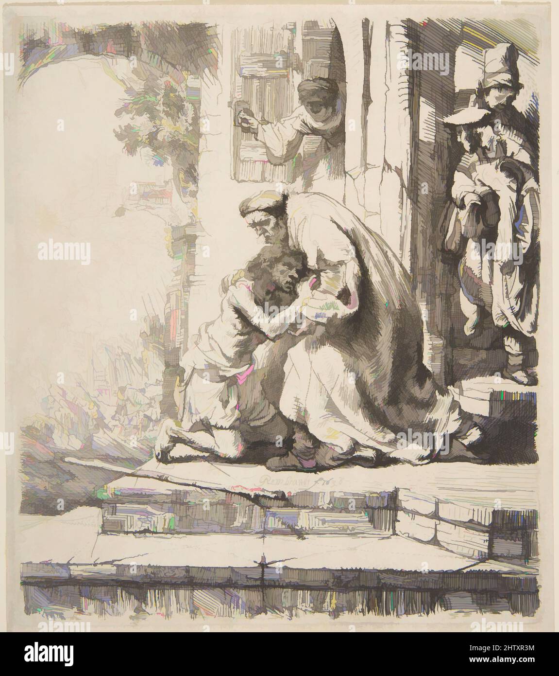 Art inspired by Return of the Prodigal Son, 1620–69, Etching, pen and ink, Plate: 6 1/8 × 5 7/16 in. (15.6 × 13.8 cm), Prints, Rembrandt (Rembrandt van Rijn) (Dutch, Leiden 1606–1669 Amsterdam, Classic works modernized by Artotop with a splash of modernity. Shapes, color and value, eye-catching visual impact on art. Emotions through freedom of artworks in a contemporary way. A timeless message pursuing a wildly creative new direction. Artists turning to the digital medium and creating the Artotop NFT Stock Photo