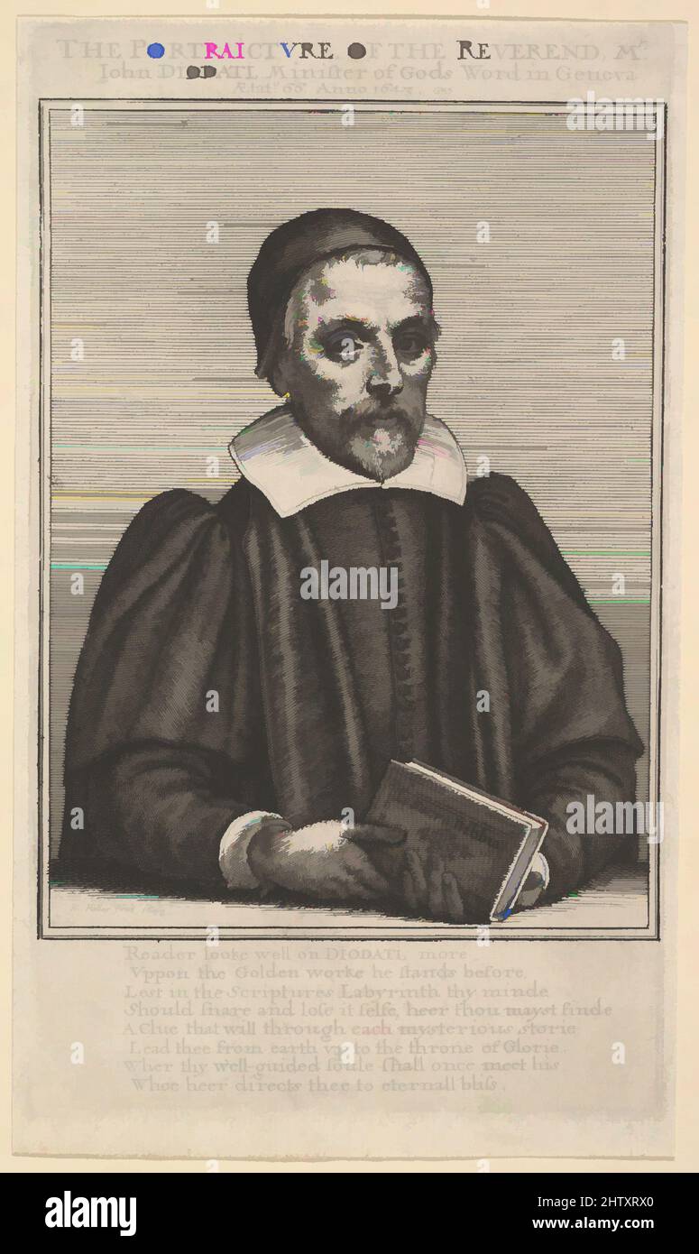 Art inspired by Portrait of John Diodati, 1643, Etching; first state of four (NH), plate: 7 9/16 x 4 7/16 in. (19.2 x 11.2 cm), Prints, Wenceslaus Hollar (Bohemian, Prague 1607–1677 London), Portrait, half-length, seated behind a table, directed slightly to right, looking towards the, Classic works modernized by Artotop with a splash of modernity. Shapes, color and value, eye-catching visual impact on art. Emotions through freedom of artworks in a contemporary way. A timeless message pursuing a wildly creative new direction. Artists turning to the digital medium and creating the Artotop NFT Stock Photo