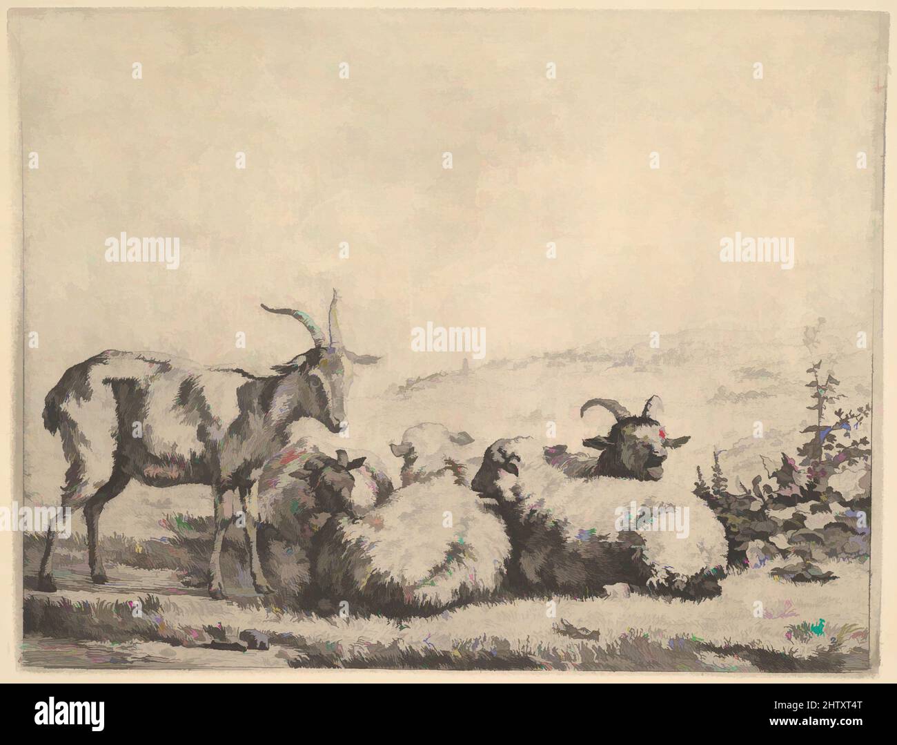 Art inspired by Two Goats and Three Sheep, 1655, Etching, sheet: 8 15/16 x 10 13/16 in. (22.7 x 27.4 cm), Prints, Karel Dujardin (Dutch, Amsterdam 1622–1678 Venice, Classic works modernized by Artotop with a splash of modernity. Shapes, color and value, eye-catching visual impact on art. Emotions through freedom of artworks in a contemporary way. A timeless message pursuing a wildly creative new direction. Artists turning to the digital medium and creating the Artotop NFT Stock Photo