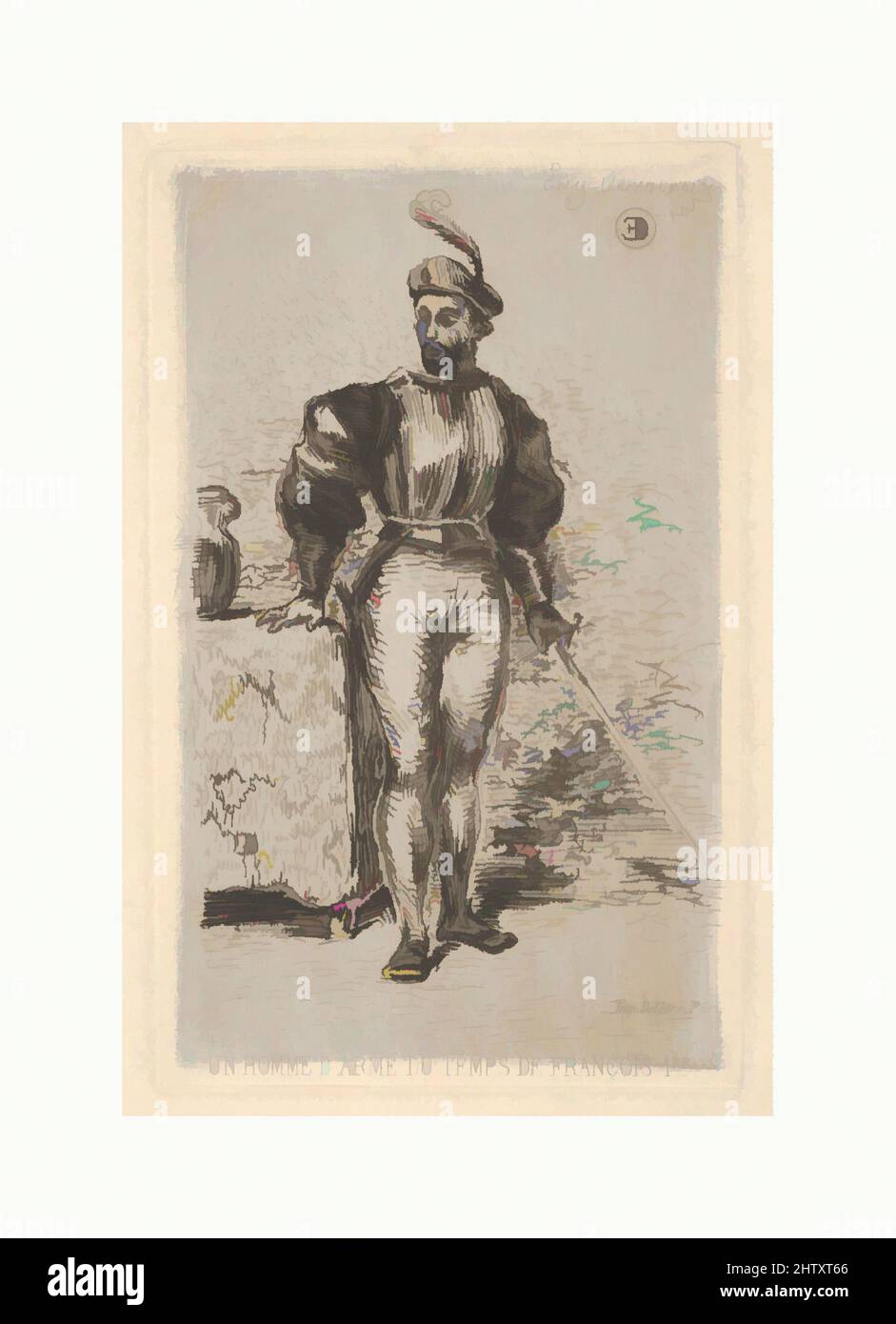 Art inspired by Man at Arms, 19th century, Etching and drypoint; second state, Sheet: 9 3/16 x 8 1/16 in. (23.4 x 20.5 cm), Prints, Eugène Delacroix (French, Charenton-Saint-Maurice 1798–1863 Paris, Classic works modernized by Artotop with a splash of modernity. Shapes, color and value, eye-catching visual impact on art. Emotions through freedom of artworks in a contemporary way. A timeless message pursuing a wildly creative new direction. Artists turning to the digital medium and creating the Artotop NFT Stock Photo