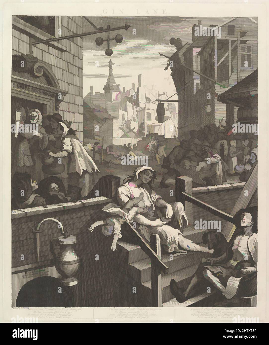 Art inspired by Gin Lane, February 1, 1751, Etching and engraving; third state of three, plate: 15 5/16 x 12 11/16 in. (38.9 x 32.2 cm), Prints, William Hogarth (British, London 1697–1764 London, Classic works modernized by Artotop with a splash of modernity. Shapes, color and value, eye-catching visual impact on art. Emotions through freedom of artworks in a contemporary way. A timeless message pursuing a wildly creative new direction. Artists turning to the digital medium and creating the Artotop NFT Stock Photo