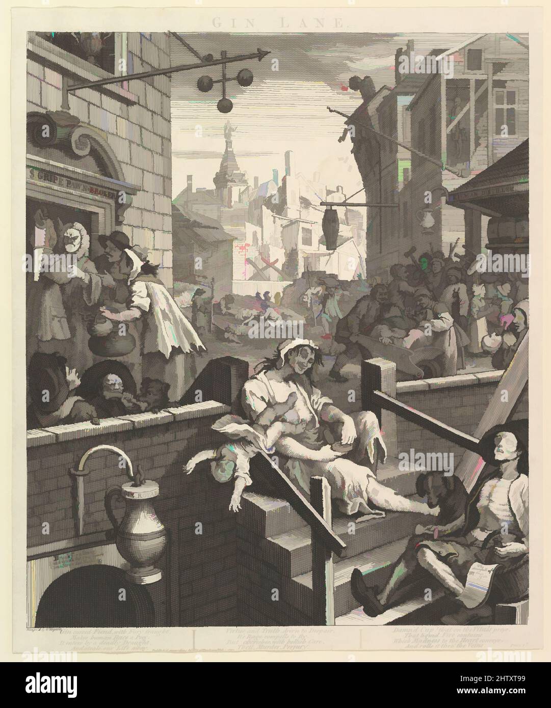 Art inspired by Gin Lane, February 1, 1751, Etching and engraving; third state of three, sheet: 15 1/16 x 12 1/2 in. (38.3 x 31.7 cm), Prints, William Hogarth (British, London 1697–1764 London, Classic works modernized by Artotop with a splash of modernity. Shapes, color and value, eye-catching visual impact on art. Emotions through freedom of artworks in a contemporary way. A timeless message pursuing a wildly creative new direction. Artists turning to the digital medium and creating the Artotop NFT Stock Photo