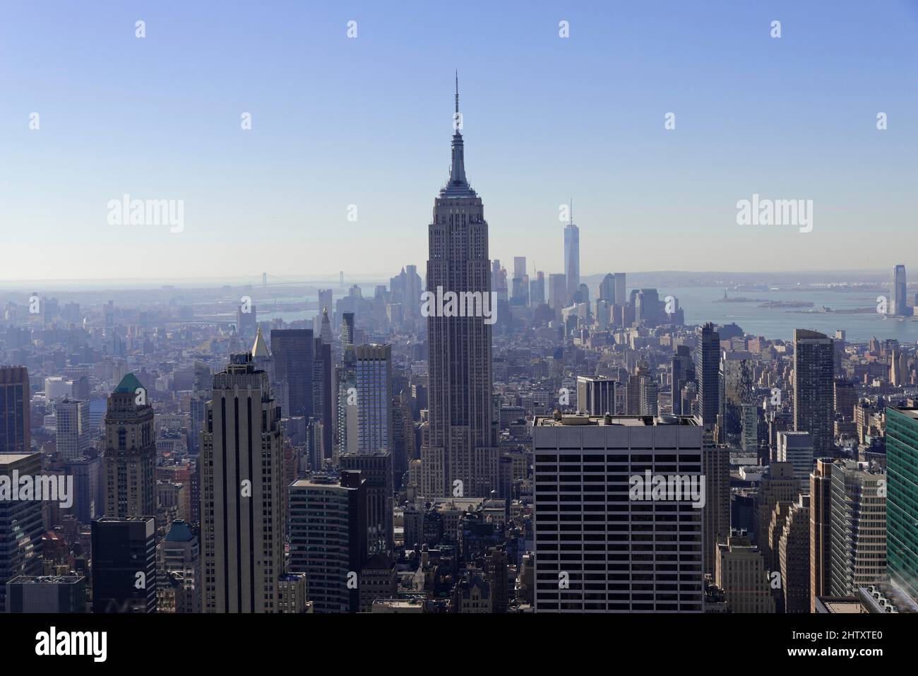 View of Downtown Manhattan and Empire State Building from Rockefeller Center, Manhattan, New York City, New York Stock Photo