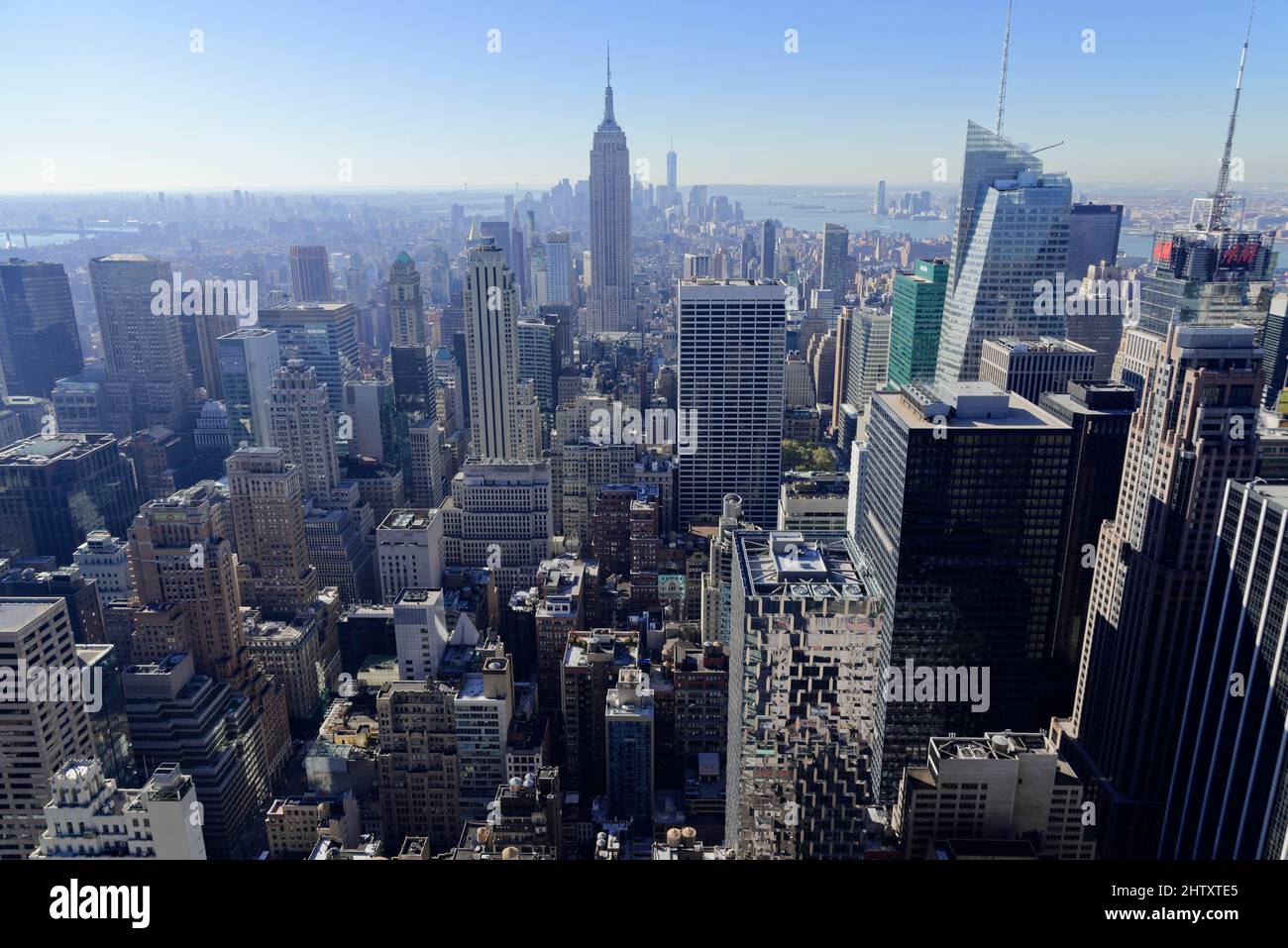 View of Downtown Manhattan and Empire State Building from Rockefeller Center, Manhattan, New York City, New York Stock Photo