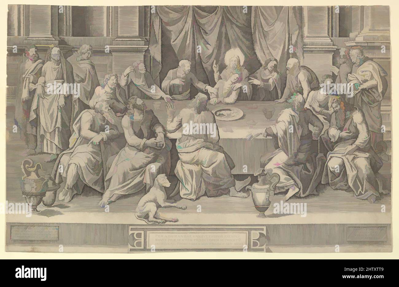 Art inspired by The Last Supper, 1564, Engraving, 13 11/16 x 21 5/16 in. (34.7 x 54.2 cm); trimmed, Prints, Gaspare Osello (Italian, ca. 1536–1560/80), After Giorgio Ghisi (Italian, Mantua ca. 1520–1582 Mantua), After Lambert Lombard (Netherlandish, Liège 1506–1566 Liège, Classic works modernized by Artotop with a splash of modernity. Shapes, color and value, eye-catching visual impact on art. Emotions through freedom of artworks in a contemporary way. A timeless message pursuing a wildly creative new direction. Artists turning to the digital medium and creating the Artotop NFT Stock Photo