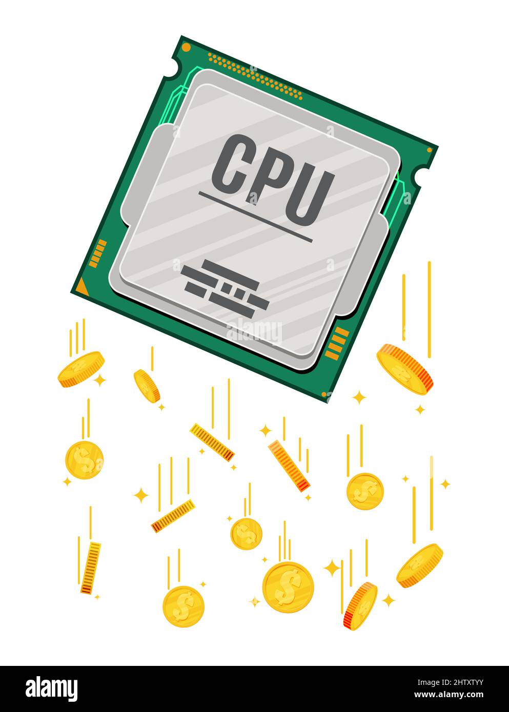 Computer CPU Chip and Golden Dollar Coins. Stock Vector