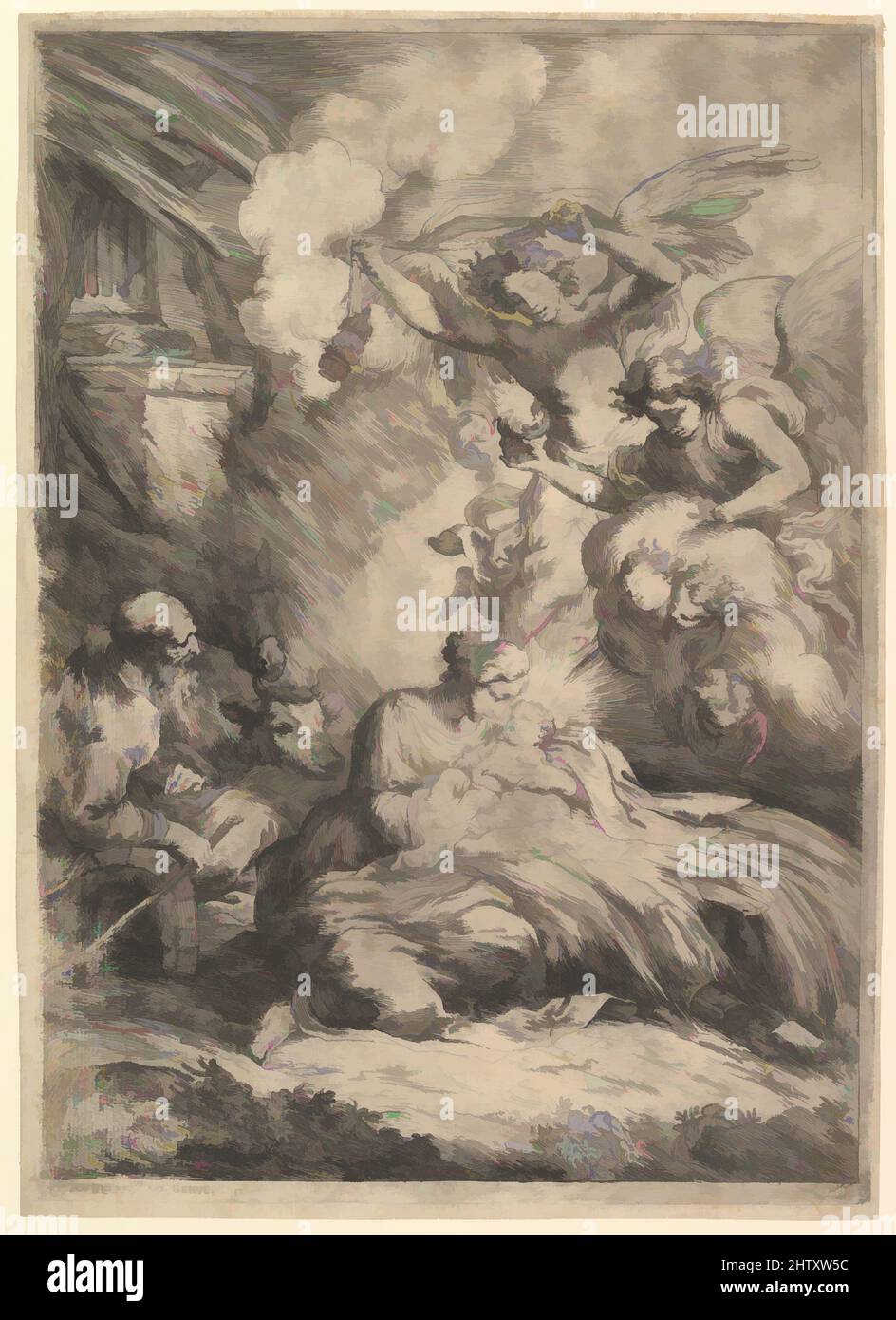 Art inspired by Nativity with Angels, 1650–57, Etching, Sheet: 15 13/16 × 11 1/4 in. (40.2 × 28.6 cm), Prints, Bartolomeo Biscaino (Italian, Genoa 1629–1657 Genoa, Classic works modernized by Artotop with a splash of modernity. Shapes, color and value, eye-catching visual impact on art. Emotions through freedom of artworks in a contemporary way. A timeless message pursuing a wildly creative new direction. Artists turning to the digital medium and creating the Artotop NFT Stock Photo