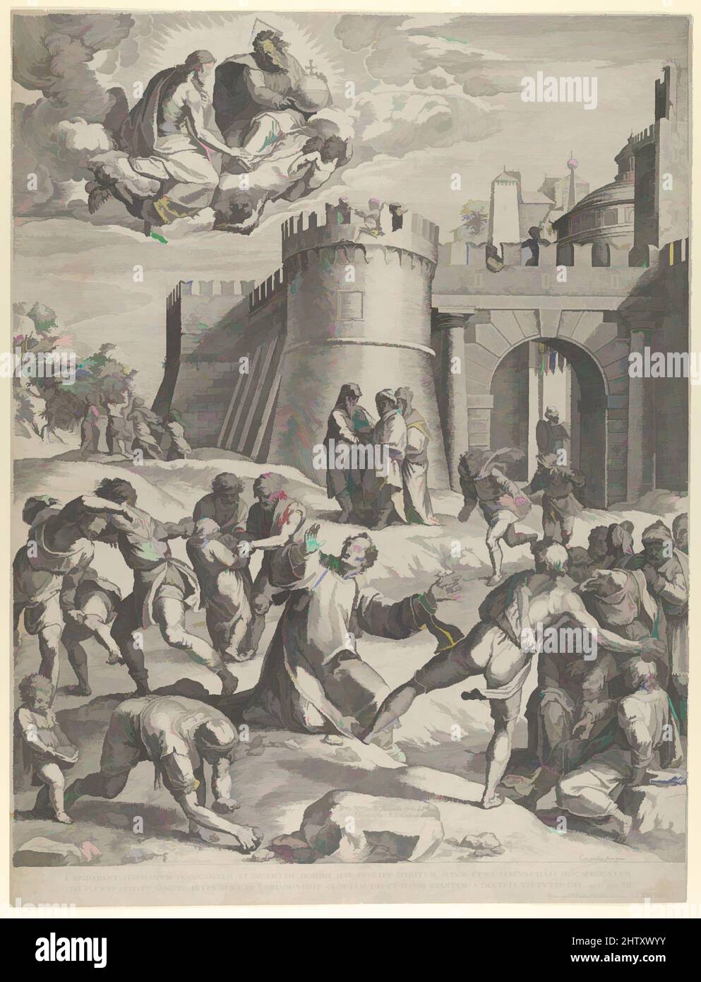 Art inspired by The Martyrdom of St Stephen, 1576, Engraving, Prints, Cornelis Cort (Netherlandish, Hoorn ca. 1533–1578 Rome), After Marcello Venusti (Italian, Mazzo di Valtellina (Sondrio) ca. 1512–1579 Rome, Classic works modernized by Artotop with a splash of modernity. Shapes, color and value, eye-catching visual impact on art. Emotions through freedom of artworks in a contemporary way. A timeless message pursuing a wildly creative new direction. Artists turning to the digital medium and creating the Artotop NFT Stock Photo