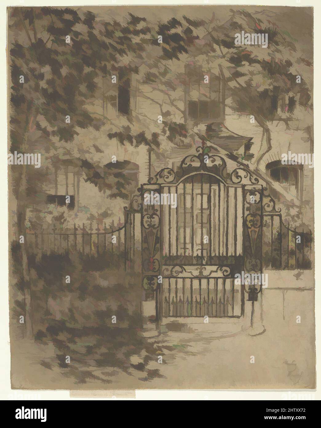 Art inspired by The Gate. Chelsea, 1889–90, Etching and drypoint; fourth state of four, Image: 8 3/16 x 6 9/16 in. (20.8 x 16.7 cm), Prints, Classic works modernized by Artotop with a splash of modernity. Shapes, color and value, eye-catching visual impact on art. Emotions through freedom of artworks in a contemporary way. A timeless message pursuing a wildly creative new direction. Artists turning to the digital medium and creating the Artotop NFT Stock Photo