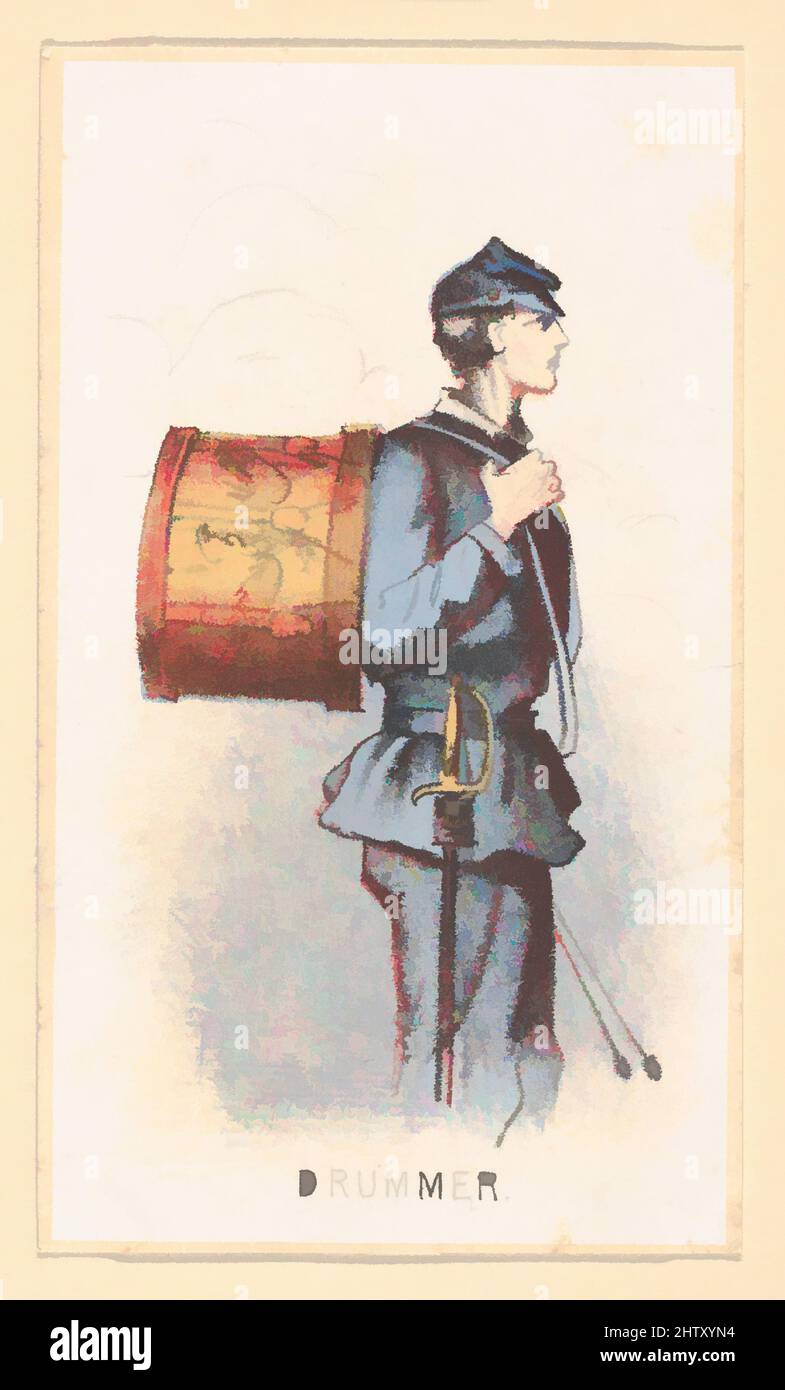Art inspired by Life in Camp, Part 2: Drummer, 1864, Color lithograph, Sheet: 4 1/8 x 2 3/8 in. (10.4 x 6.1 cm), Prints, Winslow Homer (American, Boston, Massachusetts 1836–1910 Prouts Neck, Maine), In 1864 Homer designed two series of lithographed collectors’ cards titled Life in Camp, Classic works modernized by Artotop with a splash of modernity. Shapes, color and value, eye-catching visual impact on art. Emotions through freedom of artworks in a contemporary way. A timeless message pursuing a wildly creative new direction. Artists turning to the digital medium and creating the Artotop NFT Stock Photo