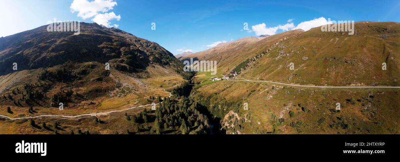 Drone shot, themed hiking trail from Vent to the Rofenhoefe along the Rofenache, Rofen valley, Vent, Venter valley, municipality of Soelden, Oetztal Stock Photo