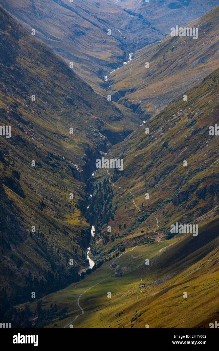View into the Rofen valley with Rofenache, Oetztal Alps, Vent, Soelden, Oetztal, Tyrol, Austria Stock Photo