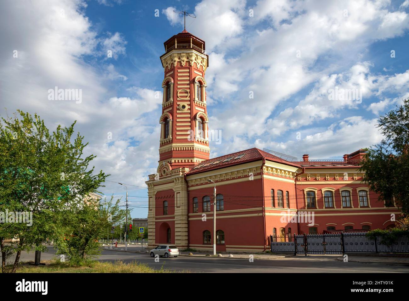 The old building of the Tsaritsyn Fire Brigade, sunny autumn day. Volgograd, Russia Stock Photo