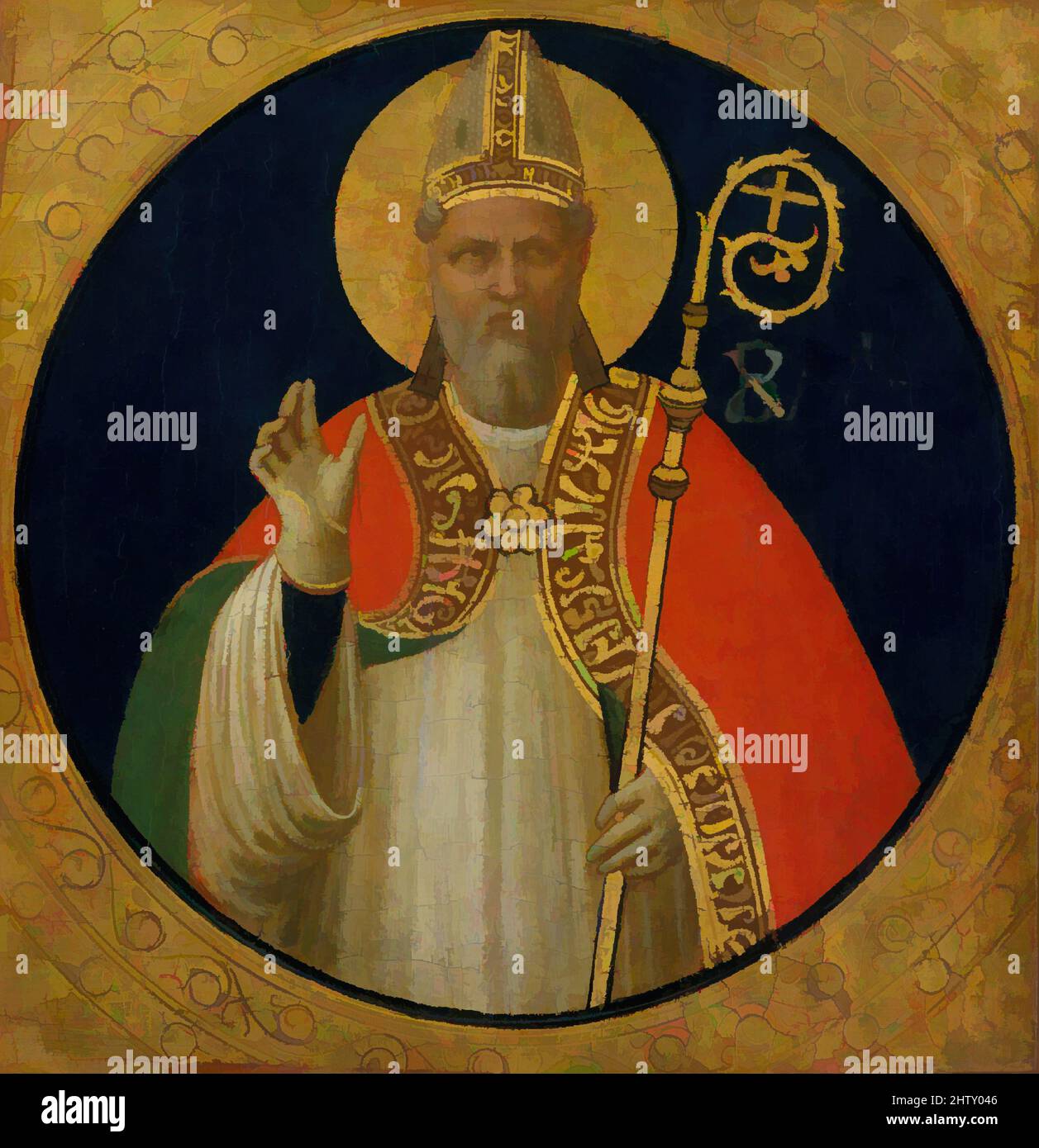 Art inspired by A Bishop Saint, ca. 1425, Tempera on wood, gold ground, Overall 6 1/4 x 6 1/8 in. (15.9 x 15.6 cm); diameter of roundel 5 7/8 in. (14.9 cm), Paintings, Fra Angelico (Guido di Pietro) (Italian, Vicchio di Mugello ca. 1395–1455 Rome), This early work by Fra Angelico dates, Classic works modernized by Artotop with a splash of modernity. Shapes, color and value, eye-catching visual impact on art. Emotions through freedom of artworks in a contemporary way. A timeless message pursuing a wildly creative new direction. Artists turning to the digital medium and creating the Artotop NFT Stock Photo