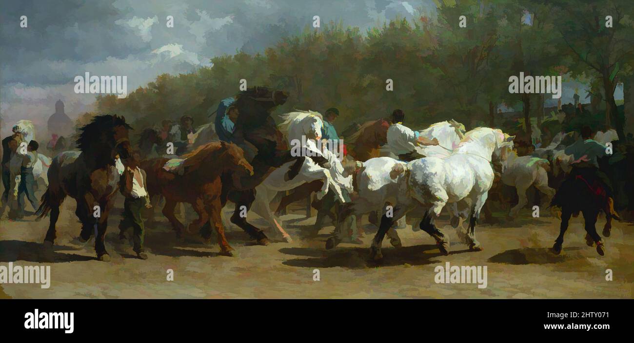 Art inspired by The Horse Fair, 1852–55, Oil on canvas, 96 1/4 x 199 1/2 in. (244.5 x 506.7 cm), Paintings, Rosa Bonheur (French, Bordeaux 1822–1899 Thomery), This, Bonheur’s best-known painting, shows the horse market held in Paris on the tree-lined Boulevard de l’Hôpital, near the, Classic works modernized by Artotop with a splash of modernity. Shapes, color and value, eye-catching visual impact on art. Emotions through freedom of artworks in a contemporary way. A timeless message pursuing a wildly creative new direction. Artists turning to the digital medium and creating the Artotop NFT Stock Photo
