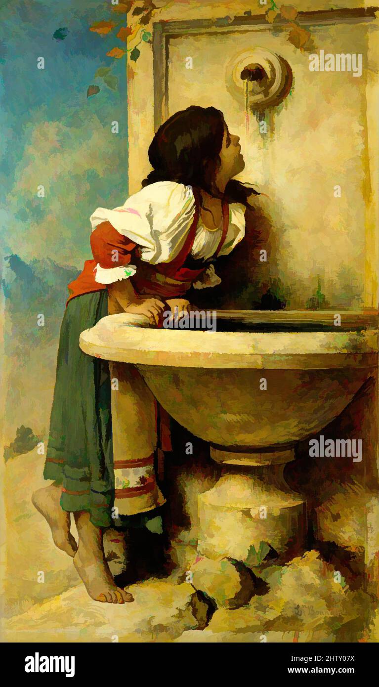 Art inspired by Roman Girl at a Fountain, 1875, Oil on canvas, 67 x 39 1/2 in. (170.2 x 100.3 cm), Paintings, Léon Bonnat (French, Bayonne 1833–1922 Monchy-Saint-Eloi), This picture is one of the last genre scenes that Bonnat produced before he turned exclusively to portraiture. He, Classic works modernized by Artotop with a splash of modernity. Shapes, color and value, eye-catching visual impact on art. Emotions through freedom of artworks in a contemporary way. A timeless message pursuing a wildly creative new direction. Artists turning to the digital medium and creating the Artotop NFT Stock Photo