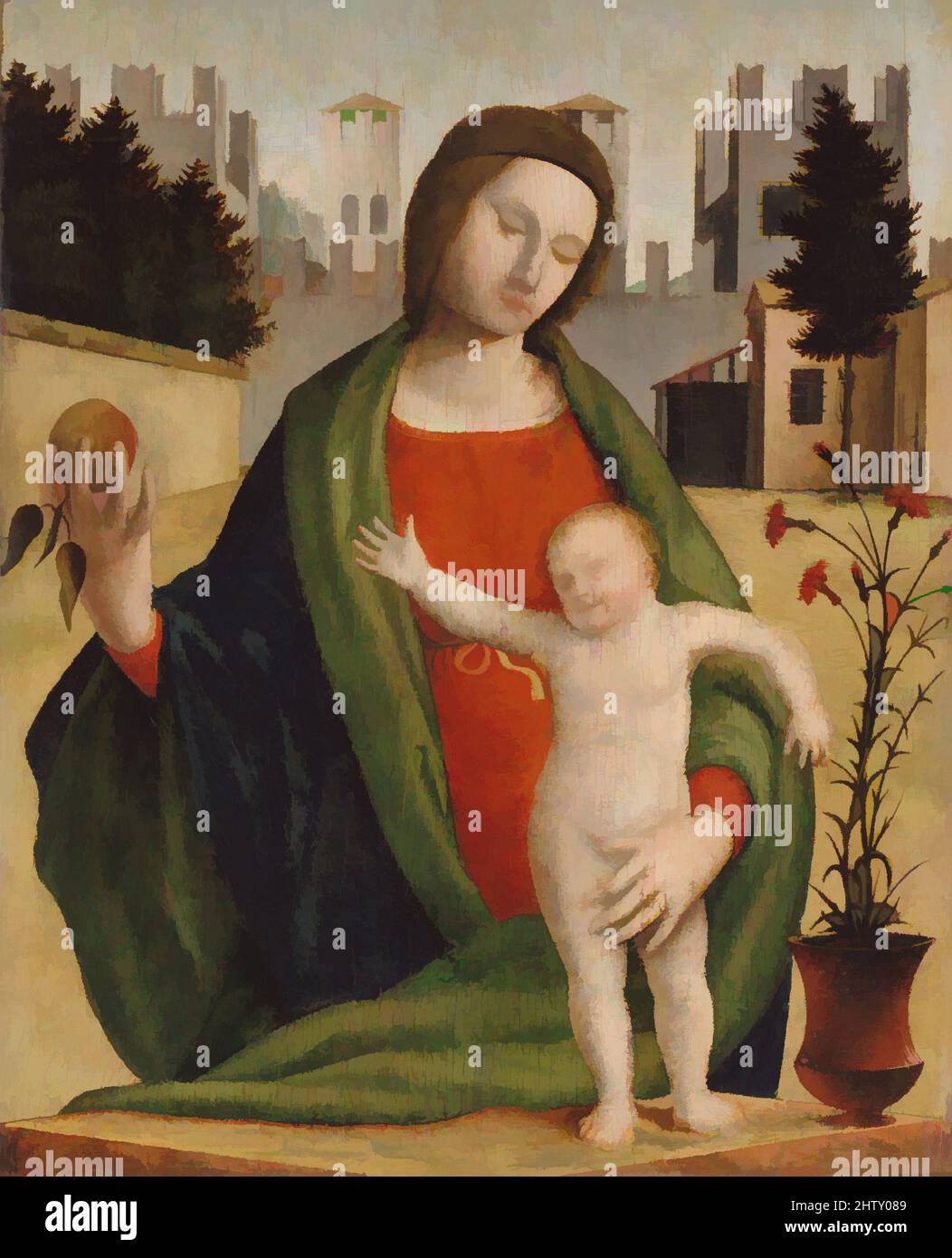 Art inspired by Madonna and Child, before 1508, Tempera on wood, Overall 13 1/2 x 11 1/4 in. (34.3 x 28.6 cm); painted surface 13 1/2 x 10 7/8 in. (34.3 x 27.6 cm), Paintings, Bramantino (Bartolomeo Suardi) (Italian, Bergamo (?) ca. 1465–1530 Milan), The apple, associated with the Fall, Classic works modernized by Artotop with a splash of modernity. Shapes, color and value, eye-catching visual impact on art. Emotions through freedom of artworks in a contemporary way. A timeless message pursuing a wildly creative new direction. Artists turning to the digital medium and creating the Artotop NFT Stock Photo