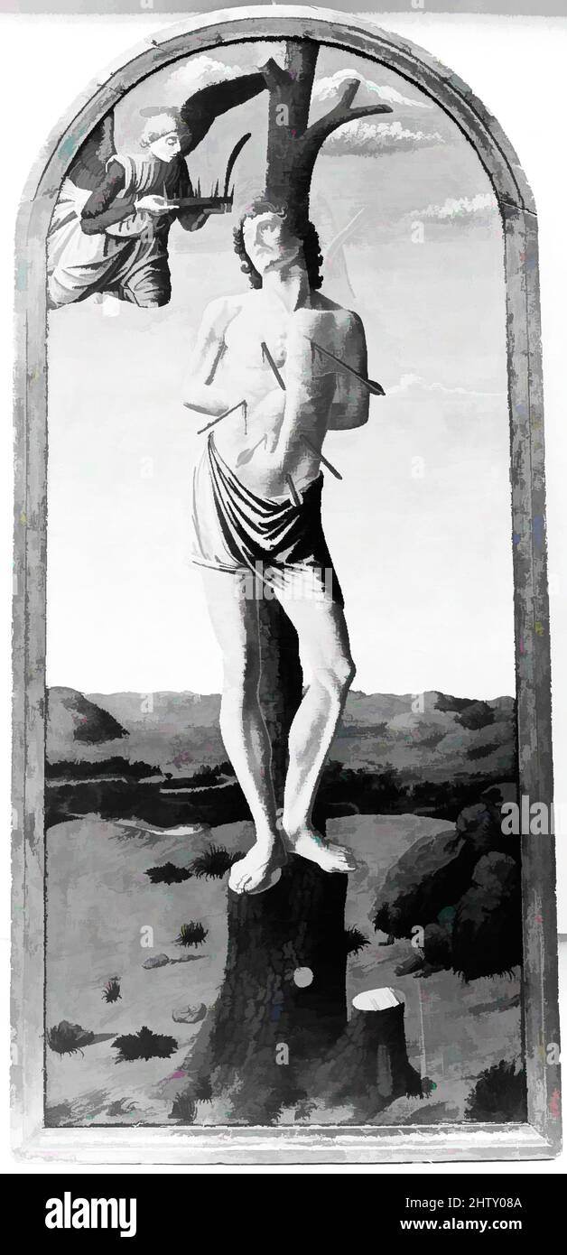 Art inspired by Saint Sebastian, Tempera and oil on wood, Overall, with arched top and engaged frame, 56 3/4 x 26 1/4 in. (144.1 x 66.7 cm); painted surface 53 3/4 x 23 in. (136.5 x 58.4 cm), Paintings, Francesco Botticini (Francesco di Giovanni) (Italian, Florentine, ca. 1446–1497, Classic works modernized by Artotop with a splash of modernity. Shapes, color and value, eye-catching visual impact on art. Emotions through freedom of artworks in a contemporary way. A timeless message pursuing a wildly creative new direction. Artists turning to the digital medium and creating the Artotop NFT Stock Photo