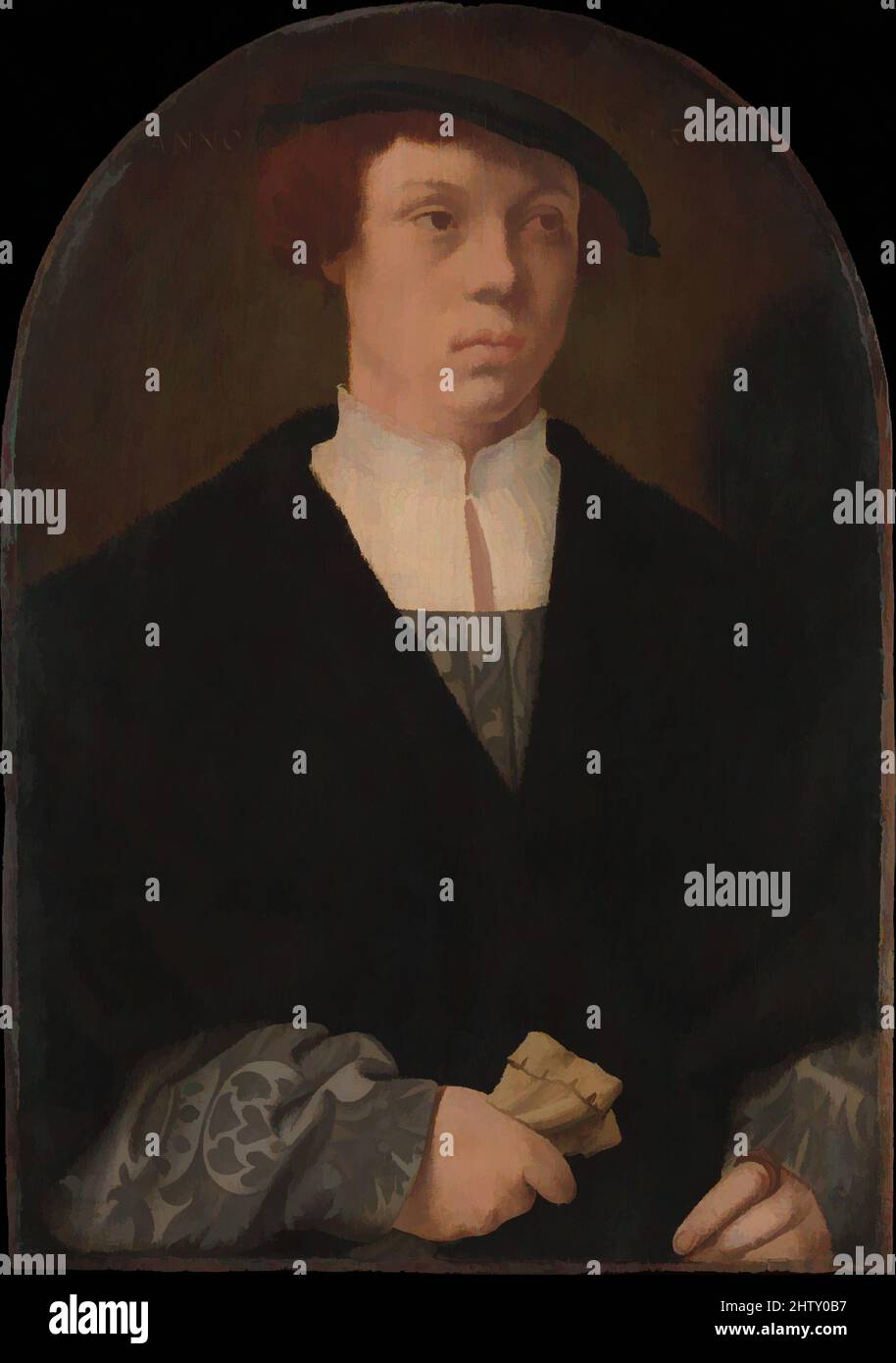Art inspired by Portrait of a Man, 1533, Oil on oak, Overall, with arched top, 12 x 8 7/8 in. (30.5 x 22.5 cm); painted surface 11 3/4 x 8 1/8 in. (29.8 x 20.6 cm), Paintings, Barthel Bruyn the Elder (German, 1493–1555), The sitters wear costume typical of the upper-class citizenry of, Classic works modernized by Artotop with a splash of modernity. Shapes, color and value, eye-catching visual impact on art. Emotions through freedom of artworks in a contemporary way. A timeless message pursuing a wildly creative new direction. Artists turning to the digital medium and creating the Artotop NFT Stock Photo