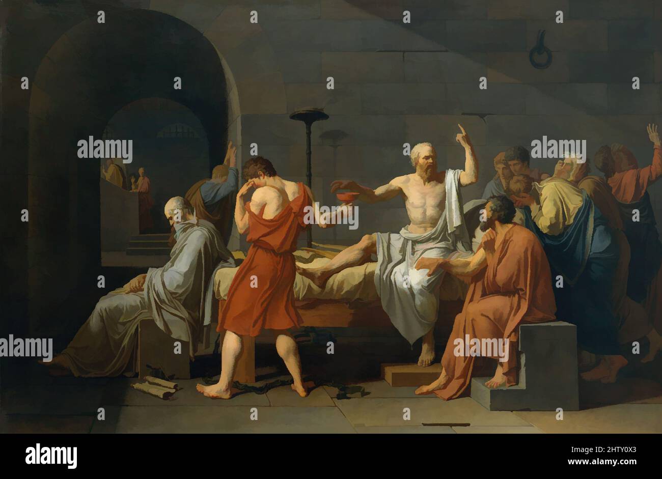 Art inspired by The Death of Socrates, 1787, Oil on canvas, 51 x 77 1/4 in. (129.5 x 196.2 cm), Paintings, Jacques Louis David (French, Paris 1748–1825 Brussels), Accused by the Athenian government of denying the gods and corrupting the young through his teachings, Socrates (469–399 B., Classic works modernized by Artotop with a splash of modernity. Shapes, color and value, eye-catching visual impact on art. Emotions through freedom of artworks in a contemporary way. A timeless message pursuing a wildly creative new direction. Artists turning to the digital medium and creating the Artotop NFT Stock Photo