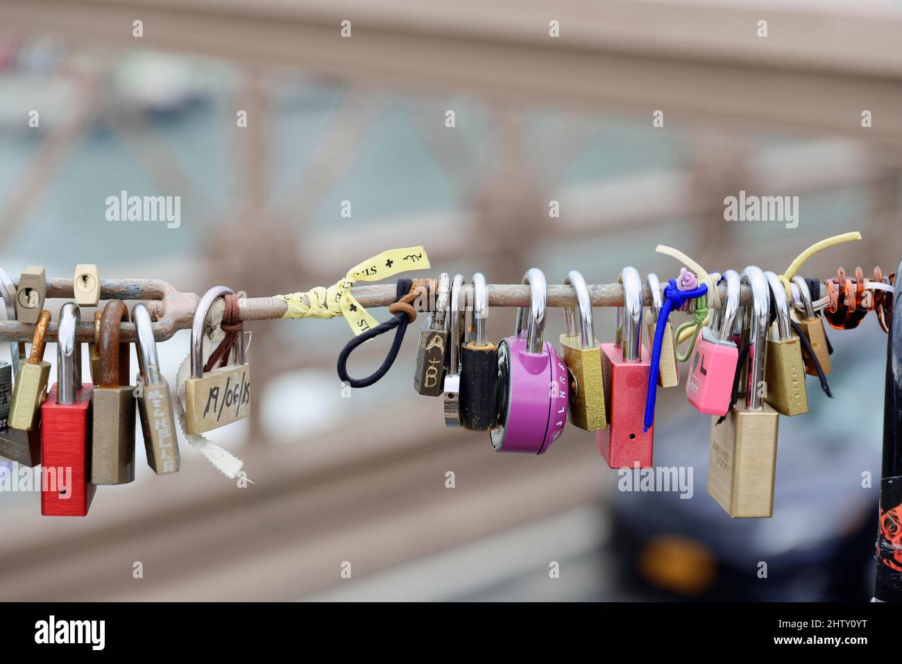 Love locks, Brooklyn Bridge, Manhattan, New York City, New York, USA Stock Photo