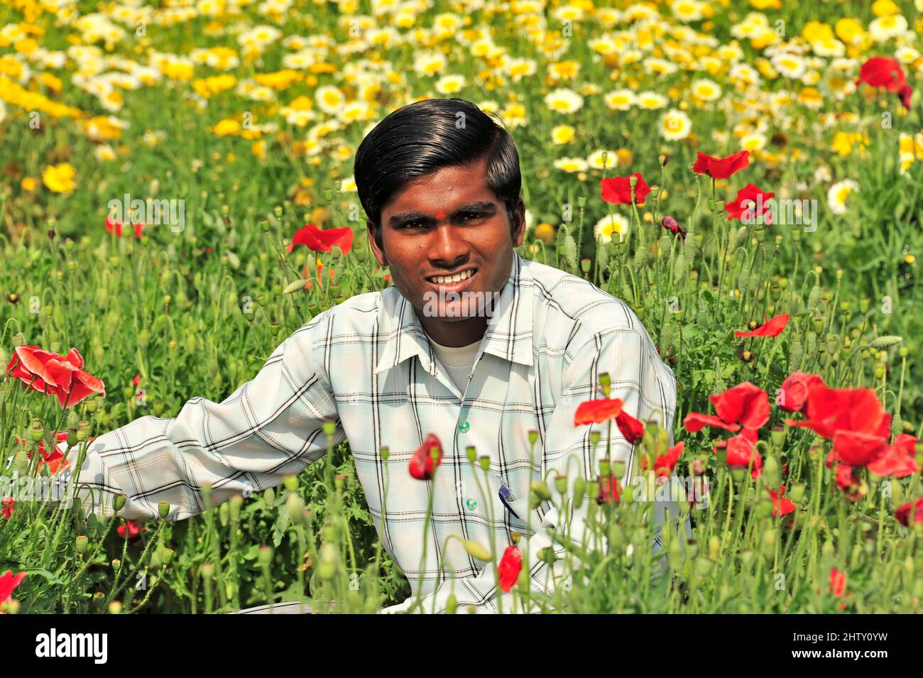 Young Indian in the flower field, Isipatana Wildlife Park, Sarnath, Uttar Pradesh, India Stock Photo