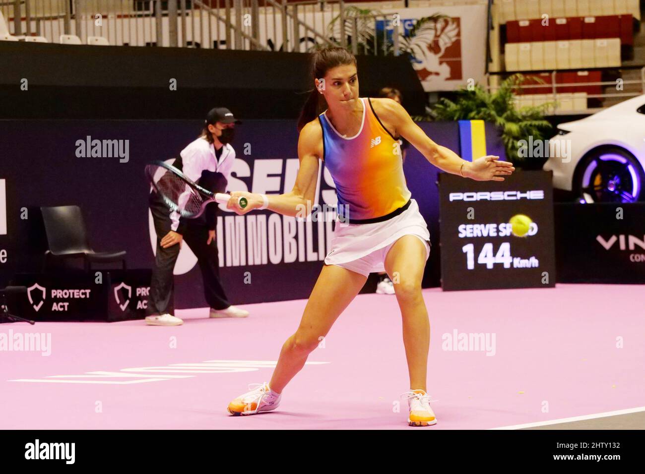 Sorana Cirstea (ROM) in action against Stefanie Voegele (SWI) during the Open 6ème Sens, Métropole de Lyon 2022, WTA 250 tennis tournament on March 2, 2022 at Palais des Sports de Gerland in Lyon, France - Photo Patrick Cannaux / DPPI Stock Photo