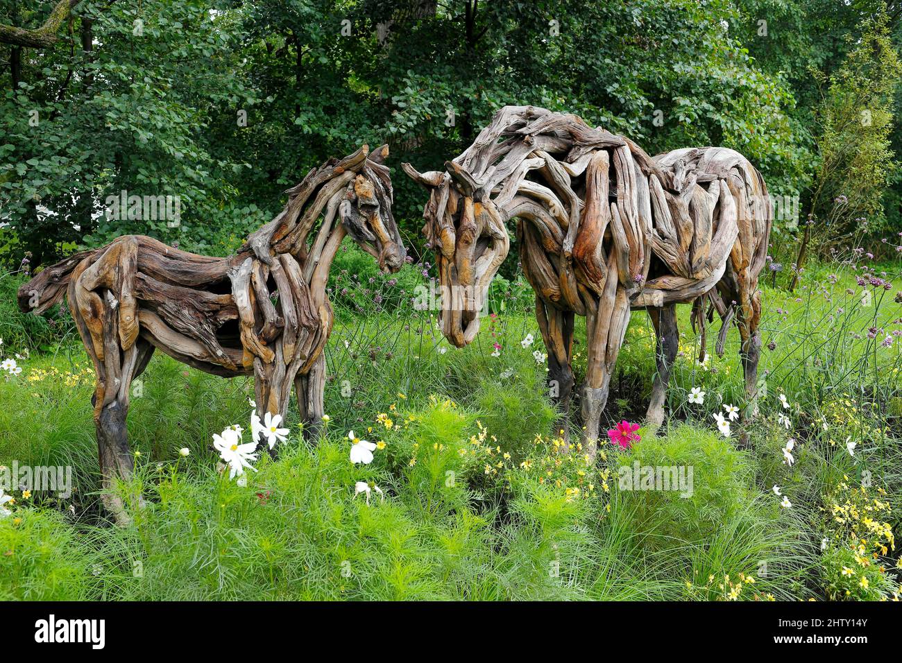 Horse figure, wood sculpture, Botanical Garden, Montreal, Province of Quebec, Canada Stock Photo