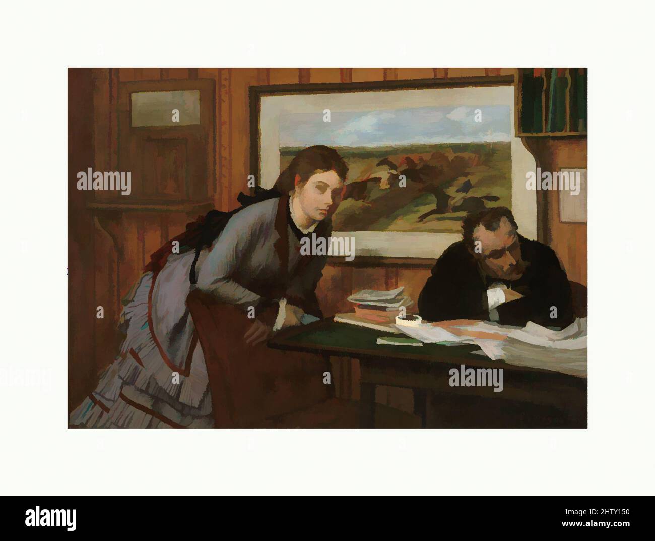 Art inspired by Sulking, ca. 1870, Oil on canvas, 12 3/4 x 18 1/4 in. (32.4 x 46.4 cm), Paintings, Edgar Degas (French, Paris 1834–1917 Paris), Two well-known personalities in the art world, the writer Edmond Duranty and model Emma Dobigny, posed for this early genre scene by Degas, Classic works modernized by Artotop with a splash of modernity. Shapes, color and value, eye-catching visual impact on art. Emotions through freedom of artworks in a contemporary way. A timeless message pursuing a wildly creative new direction. Artists turning to the digital medium and creating the Artotop NFT Stock Photo