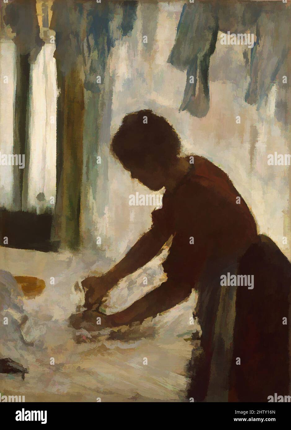 Art inspired by A Woman Ironing, 1873, Oil on canvas, 21 3/8 x 15 1/2 in. (54.3 x 39.4 cm), Paintings, Edgar Degas (French, Paris 1834–1917 Paris), Much as Degas was fascinated by the movements of dancers, he was also intrigued by the repetitive, specialized gestures made by, Classic works modernized by Artotop with a splash of modernity. Shapes, color and value, eye-catching visual impact on art. Emotions through freedom of artworks in a contemporary way. A timeless message pursuing a wildly creative new direction. Artists turning to the digital medium and creating the Artotop NFT Stock Photo