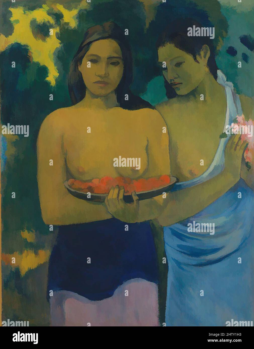 Art inspired by Two Tahitian Women, 1899, Oil on canvas, 37 x 28 1/2 in. (94 x 72.4 cm), Paintings, Paul Gauguin (French, Paris 1848–1903 Atuona, Hiva Oa, Marquesas Islands), As Gauguin brought his work in Tahiti to a close, he focused increasingly on the beauty and serene virtues of, Classic works modernized by Artotop with a splash of modernity. Shapes, color and value, eye-catching visual impact on art. Emotions through freedom of artworks in a contemporary way. A timeless message pursuing a wildly creative new direction. Artists turning to the digital medium and creating the Artotop NFT Stock Photo