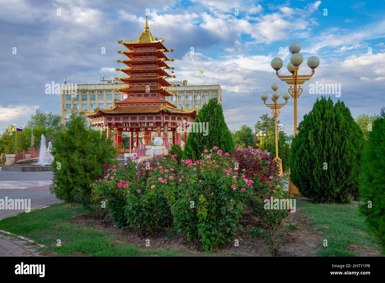ELISTA, RUSSIA - SEPTEMBER 20, 2021: Seven Days Pagoda on the Lenin Square. Elista, Kalmykia Stock Photo