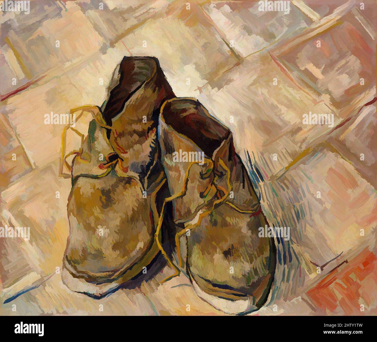 Art inspired by Shoes, 1888, Oil on canvas, 18 x 21 3/4 in. (45.7 x 55.2 cm), Paintings, Vincent van Gogh (Dutch, Zundert 1853–1890 Auvers-sur-Oise), Van Gogh painted several still lifes of shoes or boots during his Paris period. This picture, painted later, in Arles, evinces a unique, Classic works modernized by Artotop with a splash of modernity. Shapes, color and value, eye-catching visual impact on art. Emotions through freedom of artworks in a contemporary way. A timeless message pursuing a wildly creative new direction. Artists turning to the digital medium and creating the Artotop NFT Stock Photo