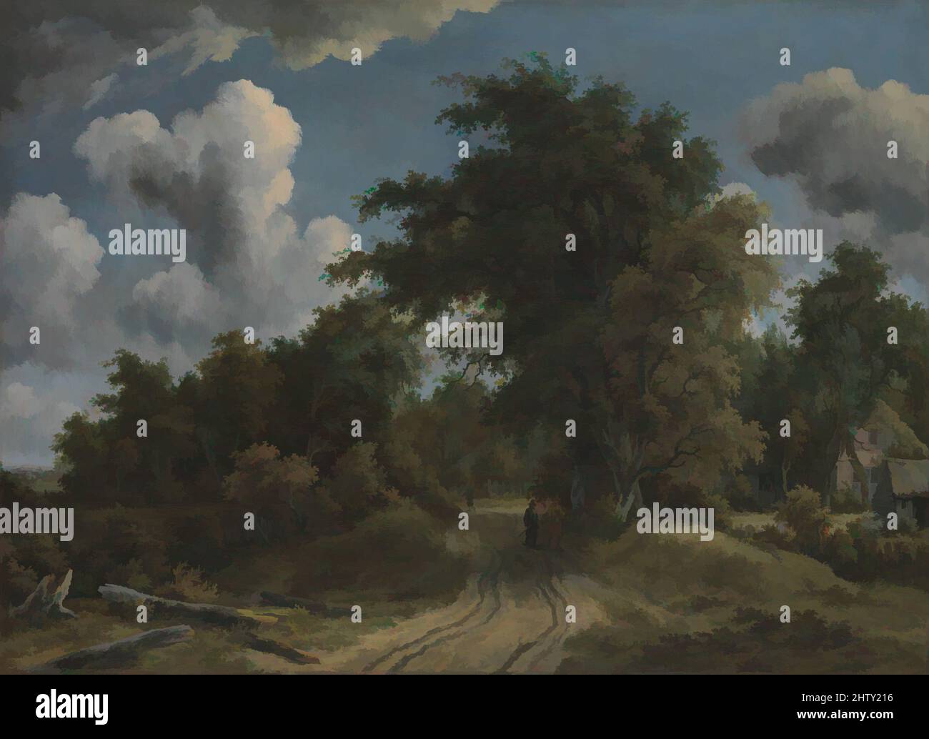 Art inspired by Woodland Road, ca. 1670, Oil on canvas, 37 1/4 x 51 in. (94.6 x 129.5 cm), Paintings, Meyndert Hobbema (Dutch, Amsterdam 1638–1709 Amsterdam), In many of the artist’s earlier works (like the one in Gallery 634), pathways and picturesque passages invite the eye to wander, Classic works modernized by Artotop with a splash of modernity. Shapes, color and value, eye-catching visual impact on art. Emotions through freedom of artworks in a contemporary way. A timeless message pursuing a wildly creative new direction. Artists turning to the digital medium and creating the Artotop NFT Stock Photo