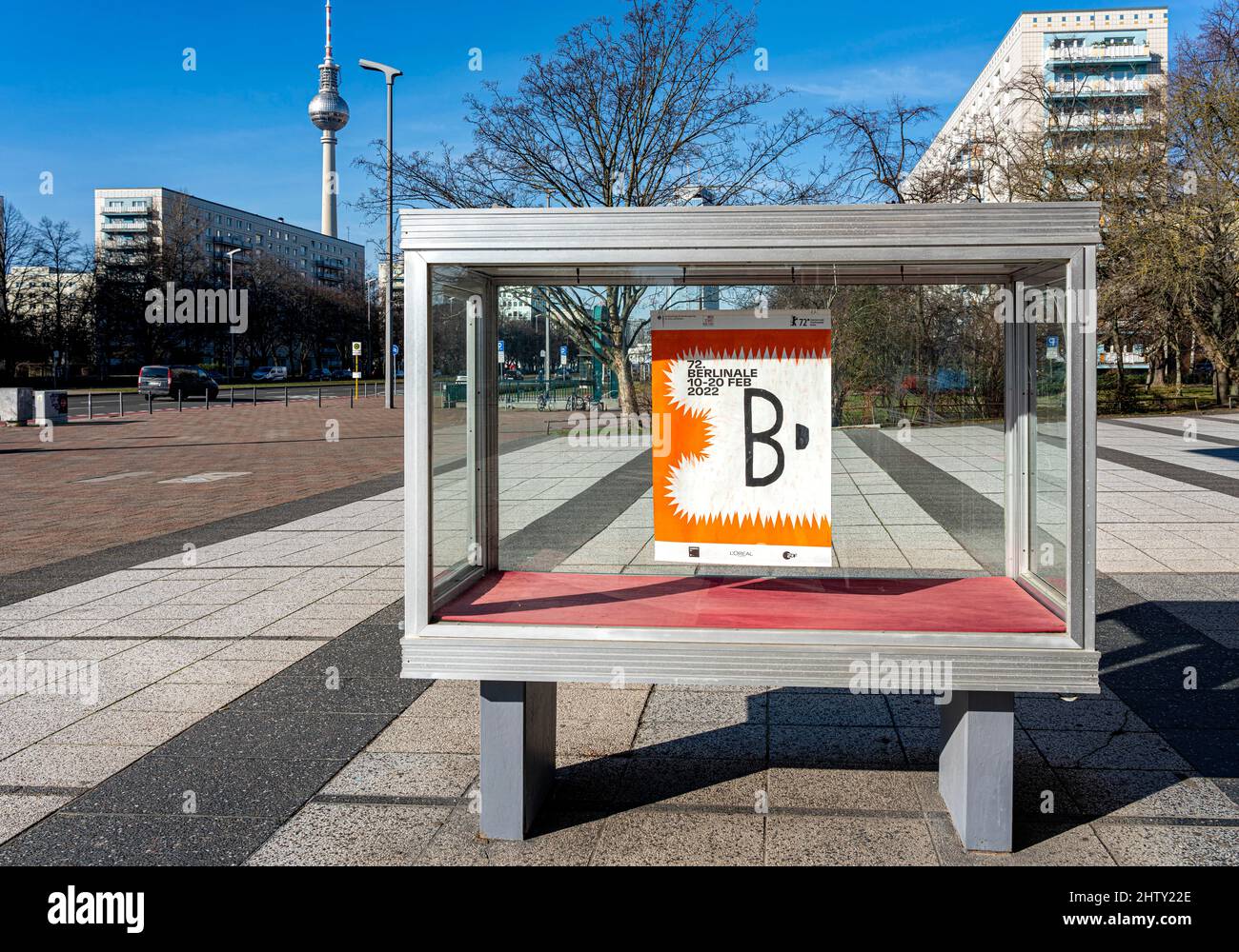 Showcase in front of the Kino International at Straussberger Platz, Berlin, Germany Stock Photo