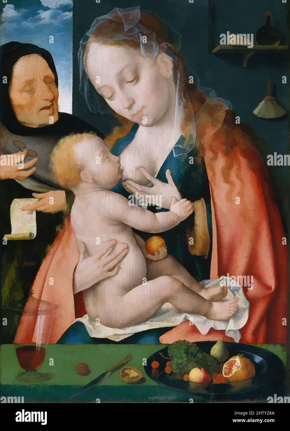 Art inspired by The Holy Family, ca. 1512–13, Oil on wood, 16 3/4 x 12 1/2 in. (42.5 x 31.8 cm), Paintings, Joos van Cleve (Netherlandish, Cleve ca. 1485–1540/41 Antwerp), The motif of the Virgin and Child is quoted from Jan van Eyck's regal Lucca Madonna of about 1435 (Städelsches, Classic works modernized by Artotop with a splash of modernity. Shapes, color and value, eye-catching visual impact on art. Emotions through freedom of artworks in a contemporary way. A timeless message pursuing a wildly creative new direction. Artists turning to the digital medium and creating the Artotop NFT Stock Photo