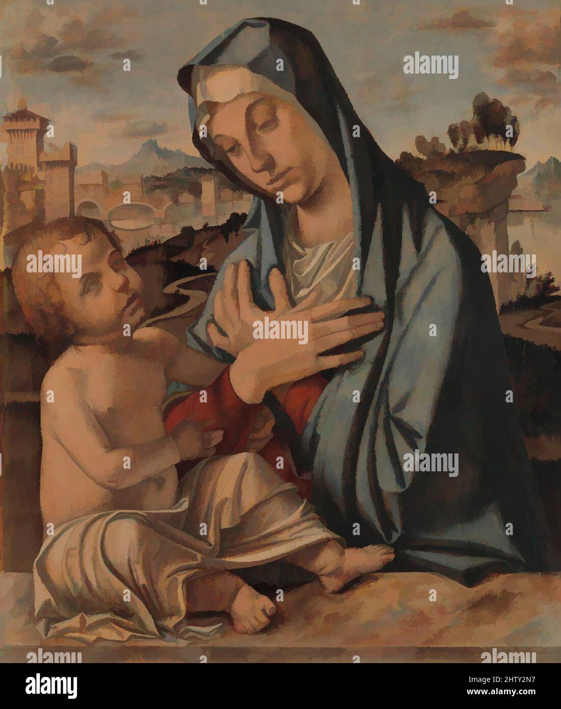 Art inspired by Madonna Adoring the Child, Oil(?) on wood, 24 3/4 x 20 1/2 in. (62.9 x 52.1 cm), Paintings, Bartolomeo Montagna (Bartolomeo Cincani) (Italian, Vicentine, before 1459–1523, Classic works modernized by Artotop with a splash of modernity. Shapes, color and value, eye-catching visual impact on art. Emotions through freedom of artworks in a contemporary way. A timeless message pursuing a wildly creative new direction. Artists turning to the digital medium and creating the Artotop NFT Stock Photo