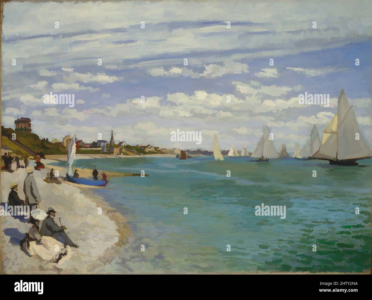 Art inspired by Regatta at Sainte-Adresse, 1867, Oil on canvas, 29 5/8 x 40 in. (75.2 x 101.6 cm), Paintings, Claude Monet (French, Paris 1840–1926 Giverny), Writing from the seaside resort of Sainte-Adresse on June 25, 1867, Monet reported that he was hard at work, noting, 'Among the, Classic works modernized by Artotop with a splash of modernity. Shapes, color and value, eye-catching visual impact on art. Emotions through freedom of artworks in a contemporary way. A timeless message pursuing a wildly creative new direction. Artists turning to the digital medium and creating the Artotop NFT Stock Photo