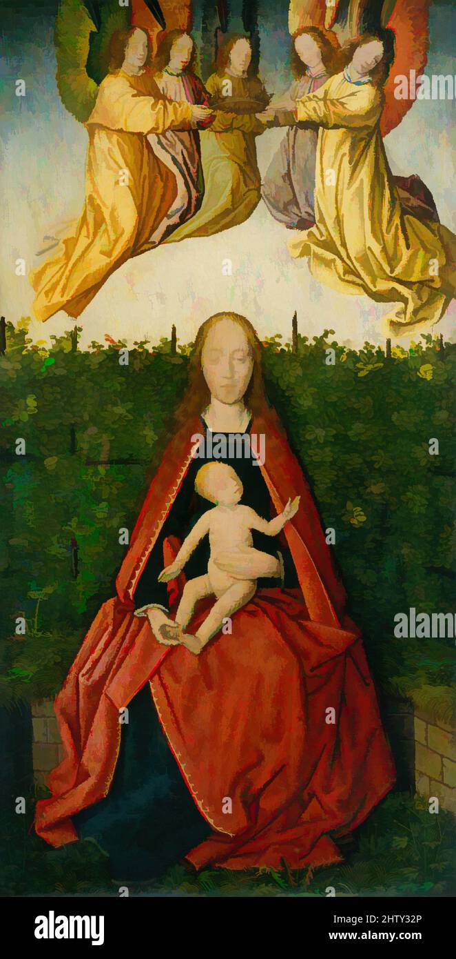 Art inspired by Virgin and Child, ca. 1495–1500, Oil on wood, Overall 12 1/4 x 6 3/4 in. (31.1 x 17.1 cm); painted surface 11 3/4 x 6 1/8 in. (29.8 x 15.6 cm), Paintings, Jan Provost (Netherlandish, Mons (Bergen) ca. 1465–1529 Bruges), The Virgin in a Rose Garden—with the figure, Classic works modernized by Artotop with a splash of modernity. Shapes, color and value, eye-catching visual impact on art. Emotions through freedom of artworks in a contemporary way. A timeless message pursuing a wildly creative new direction. Artists turning to the digital medium and creating the Artotop NFT Stock Photo