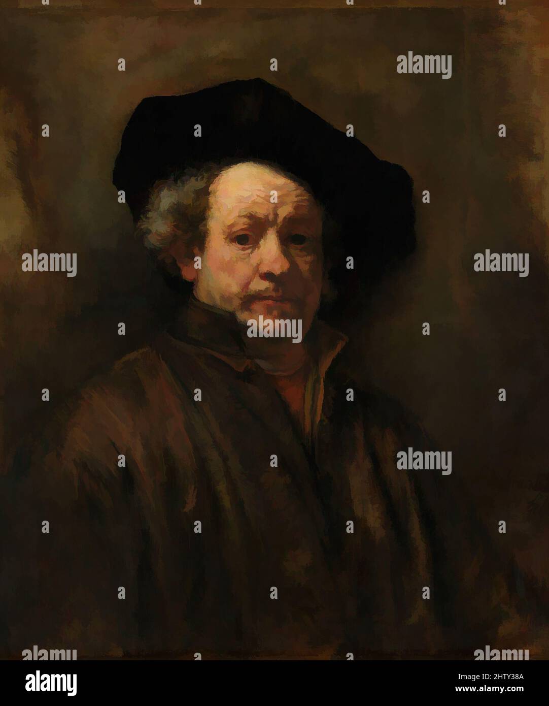 Art inspired by Self-Portrait, 1660, Oil on canvas, 31 5/8 x 26 1/2 in. (80.3 x 67.3 cm), Paintings, Rembrandt (Rembrandt van Rijn) (Dutch, Leiden 1606–1669 Amsterdam), The dozen or more self-portraits that date from each decade of Rembrandt's career vary considerably in composition, Classic works modernized by Artotop with a splash of modernity. Shapes, color and value, eye-catching visual impact on art. Emotions through freedom of artworks in a contemporary way. A timeless message pursuing a wildly creative new direction. Artists turning to the digital medium and creating the Artotop NFT Stock Photo