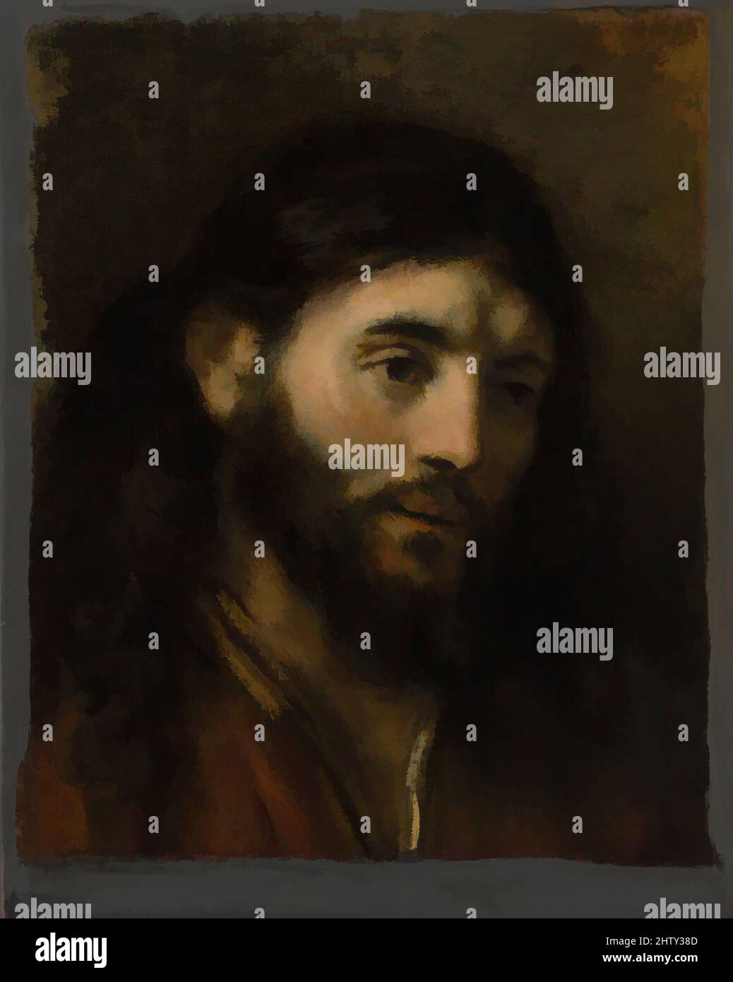 Art inspired by Head of Christ, Oil on canvas, 16 3/4 x 13 1/2 in. (42.5 x 34.3 cm); with added strips 18 5/8 x 14 5/8 in. (47.3 x 37.1 cm), Paintings, Style of Rembrandt (Dutch, 1650s), Rembrandt painted this subject a number of times; three examples, one described as 'Een Christus, Classic works modernized by Artotop with a splash of modernity. Shapes, color and value, eye-catching visual impact on art. Emotions through freedom of artworks in a contemporary way. A timeless message pursuing a wildly creative new direction. Artists turning to the digital medium and creating the Artotop NFT Stock Photo