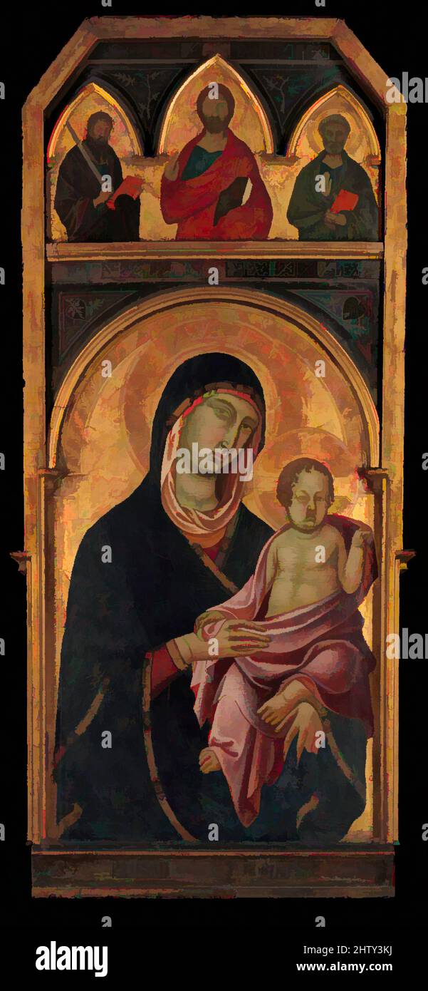 Art inspired by Madonna and Child, ca. 1320, Tempera on wood, gold ground, Overall, with framing elements, 60 1/8 x 26 3/8 in. (152.7 x 67 cm); Madonna and Child, painted surface 37 x 23 1/8 in. (94 x 58.7 cm); pinnacle, painted surface 12 1/8 x 23 in. (30.8 x 58.4 cm), Paintings, Classic works modernized by Artotop with a splash of modernity. Shapes, color and value, eye-catching visual impact on art. Emotions through freedom of artworks in a contemporary way. A timeless message pursuing a wildly creative new direction. Artists turning to the digital medium and creating the Artotop NFT Stock Photo
