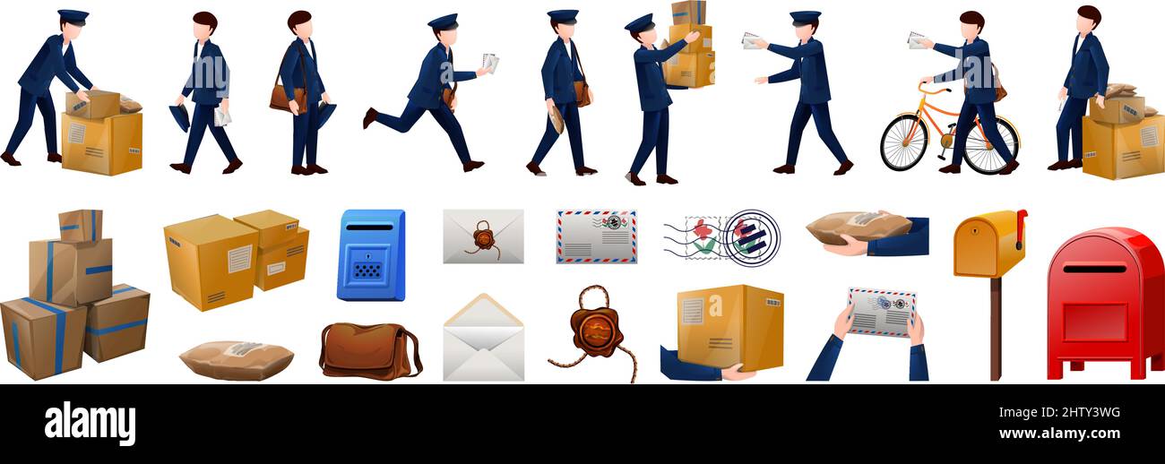 Postman icons set cartoon vector. Mailman carrier Stock Vector