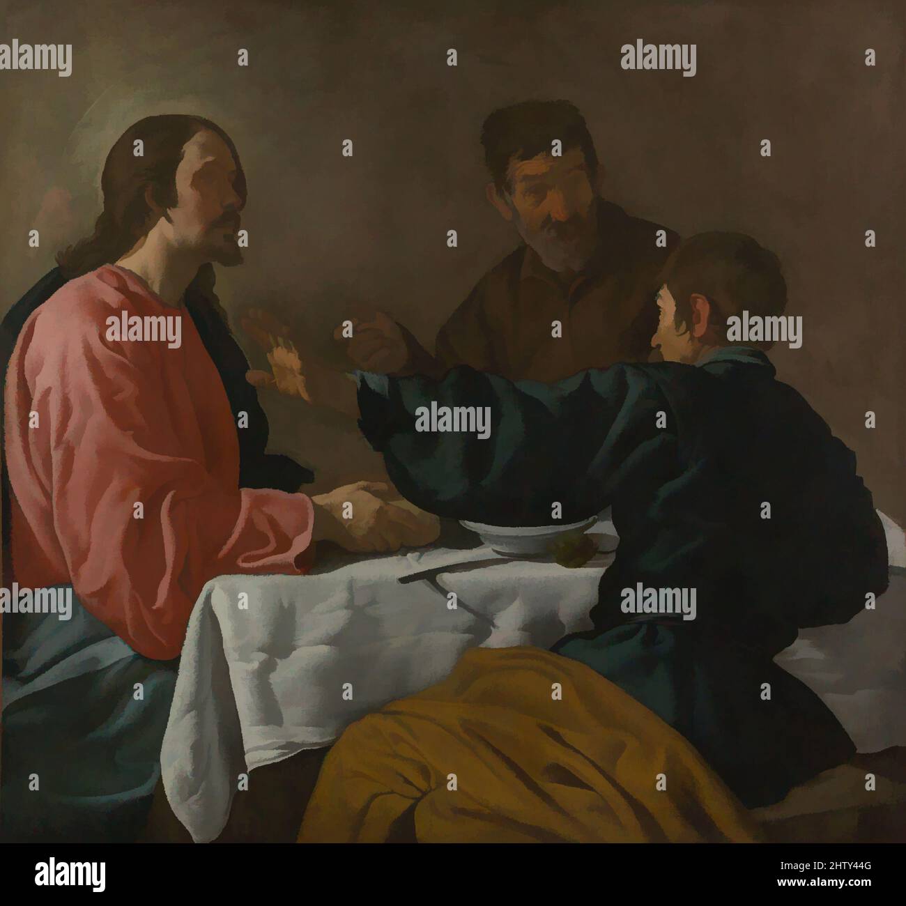Art inspired by The Supper at Emmaus, 1622–23, Oil on canvas, 48 1/2 x 52 1/4 in. (123.2 x 132.7 cm), Paintings, Velázquez (Diego Rodríguez de Silva y Velázquez) (Spanish, Seville 1599–1660 Madrid), The picture may have been painted in Seville, where Velázquez was trained, or in Madrid, Classic works modernized by Artotop with a splash of modernity. Shapes, color and value, eye-catching visual impact on art. Emotions through freedom of artworks in a contemporary way. A timeless message pursuing a wildly creative new direction. Artists turning to the digital medium and creating the Artotop NFT Stock Photo