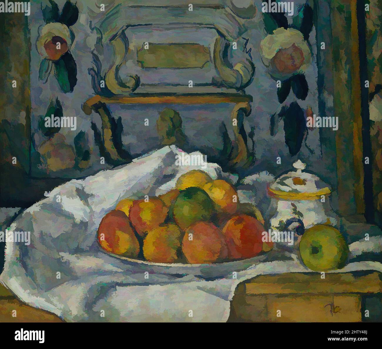 Art inspired by Dish of Apples, ca. 1876–77, Oil on canvas, 18 1/8 x 21 3/4 in. (46 x 55.2 cm), Paintings, Paul Cézanne (French, Aix-en-Provence 1839–1906 Aix-en-Provence), This rich and dense still life, featuring a napkin shaped like Mont Sainte-Victoire, was painted about 1876–77 in, Classic works modernized by Artotop with a splash of modernity. Shapes, color and value, eye-catching visual impact on art. Emotions through freedom of artworks in a contemporary way. A timeless message pursuing a wildly creative new direction. Artists turning to the digital medium and creating the Artotop NFT Stock Photo