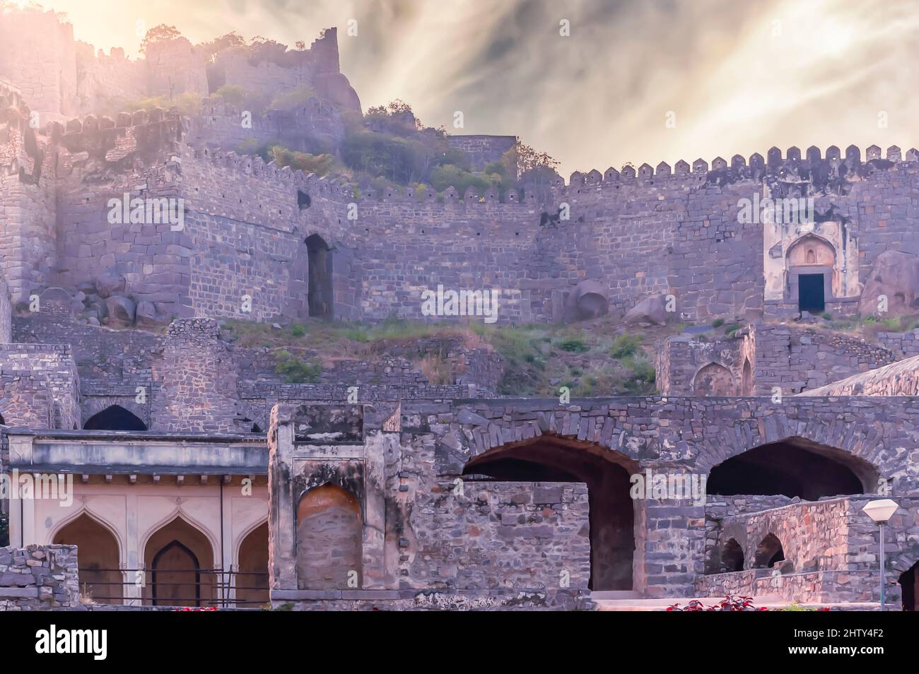 An inside view of the ruins of the historic 16th century Golconda Fort in Hyderabad, India. The fort is listed as an archaeological treasure.. Stock Photo