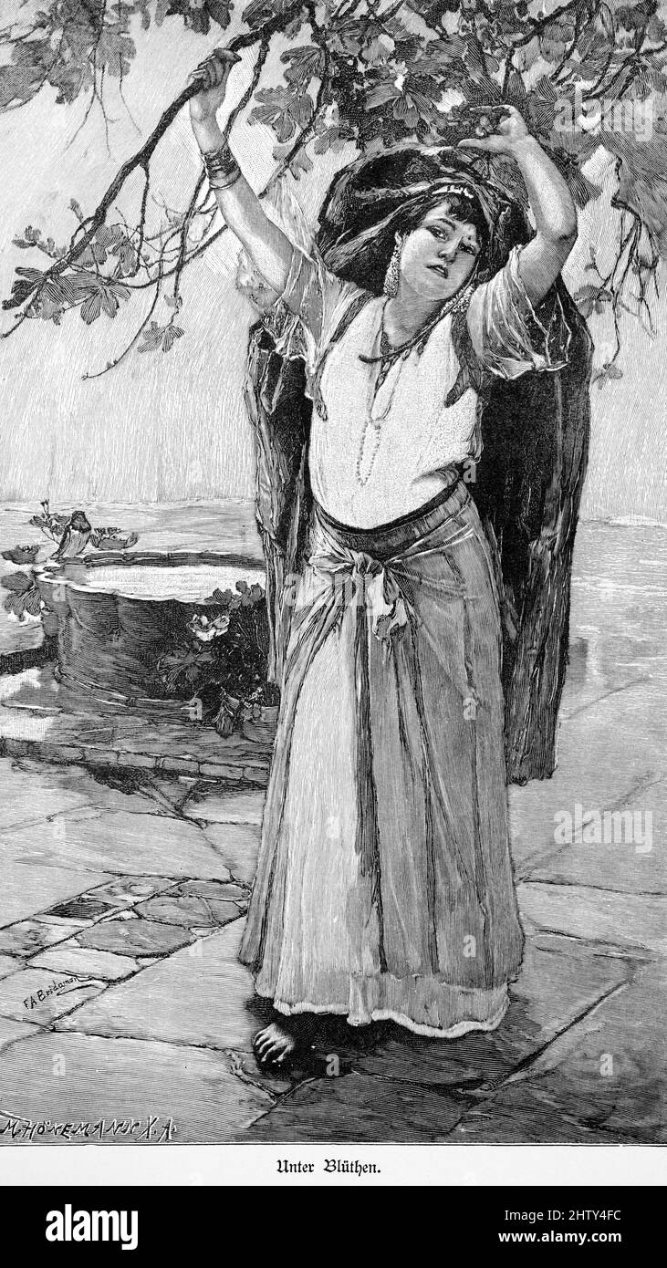 Portrait, young Greek woman, full view, outside, dress, arms raised, branches, flowers, historical illustration 1897, Athens, Greece Stock Photo