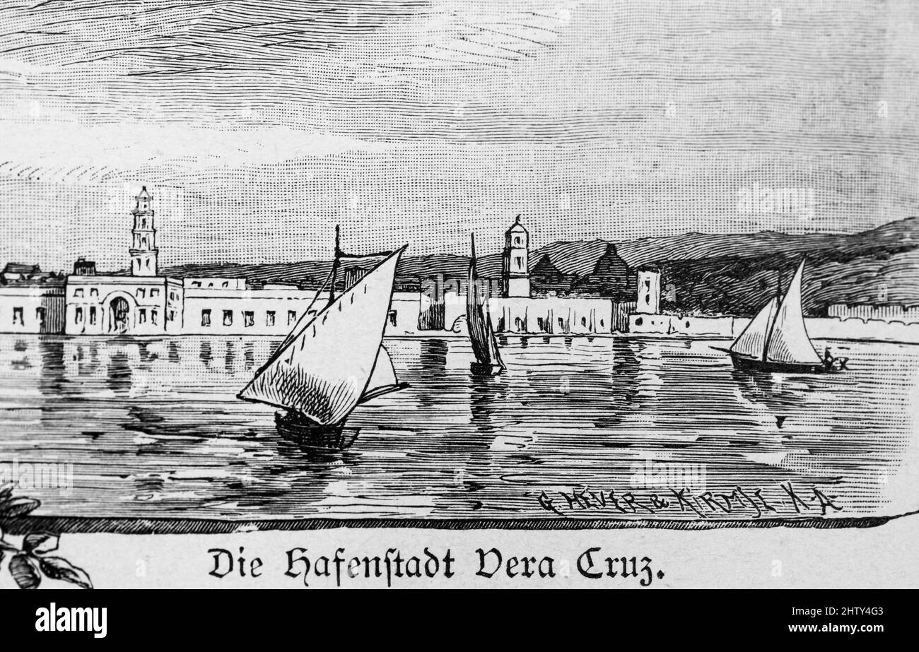 Vera Cruz, city, harbour, Gulf of Mexico, sailboats, house, mountains, historical illustration from 1897, Mexico City, Mexico, Central America Stock Photo