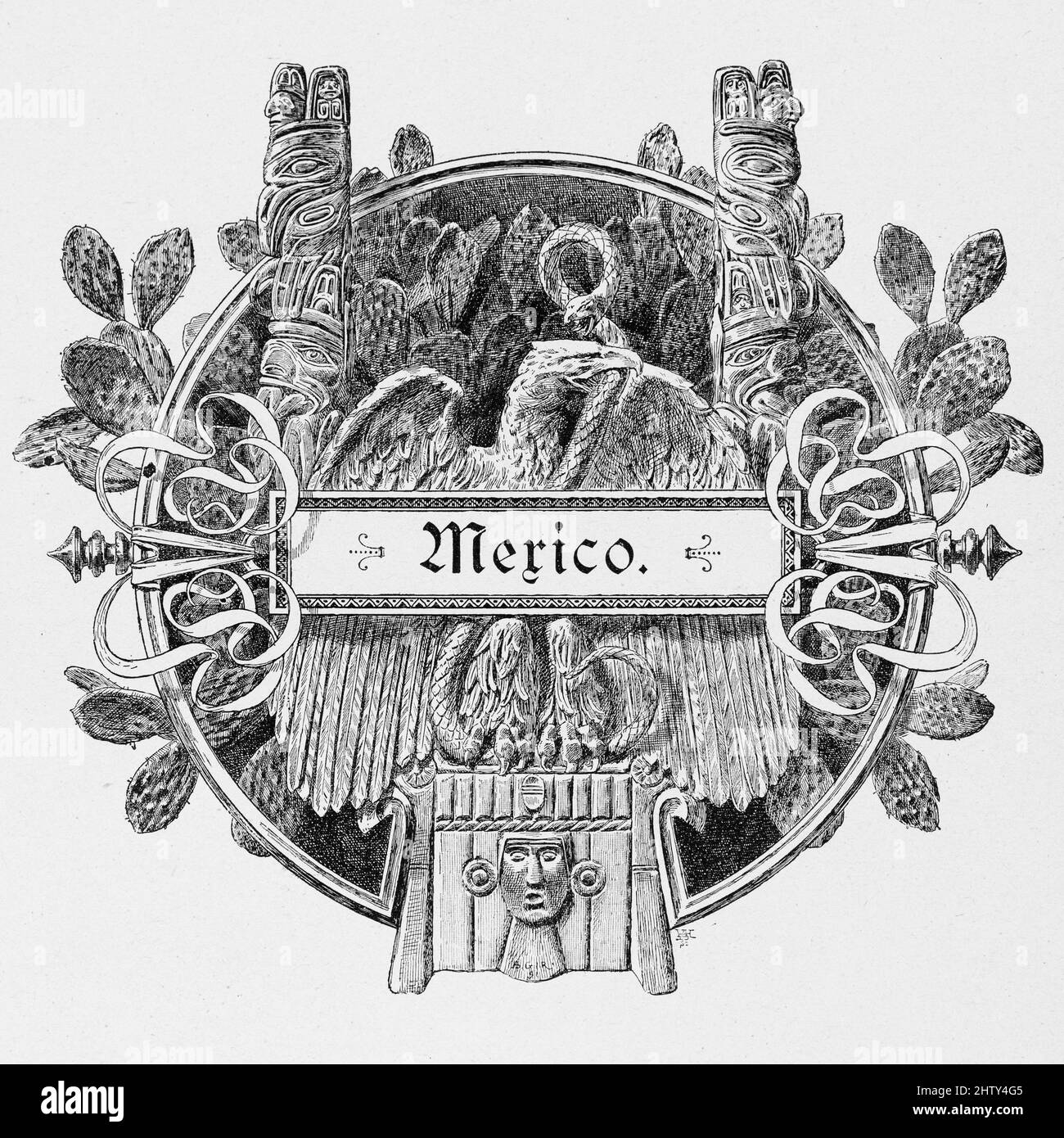 Emblem, Mexican eagle, Maya, ornaments, cacti, historical illustration from 1897, Mexico City, Mexico, Central America Stock Photo